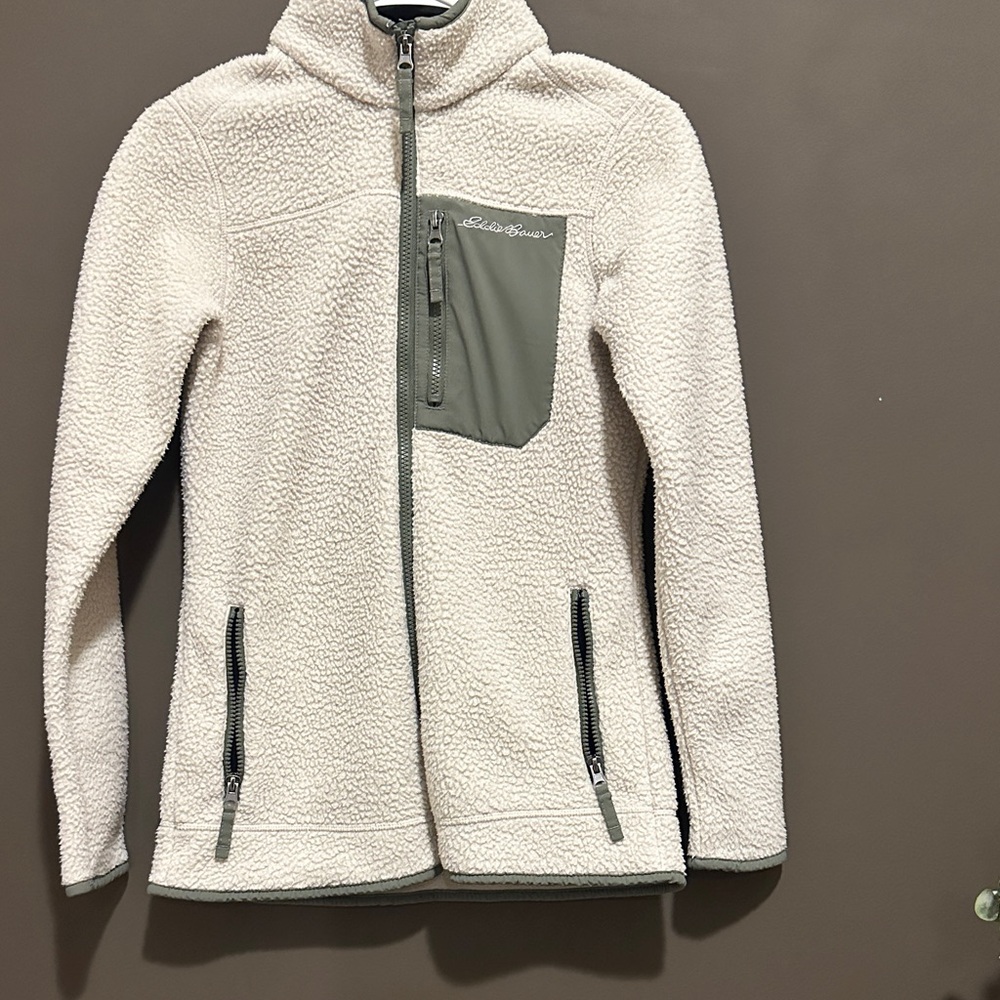Xsmall Eddie Bauer Off-White Fleece Jacket with green Accents
